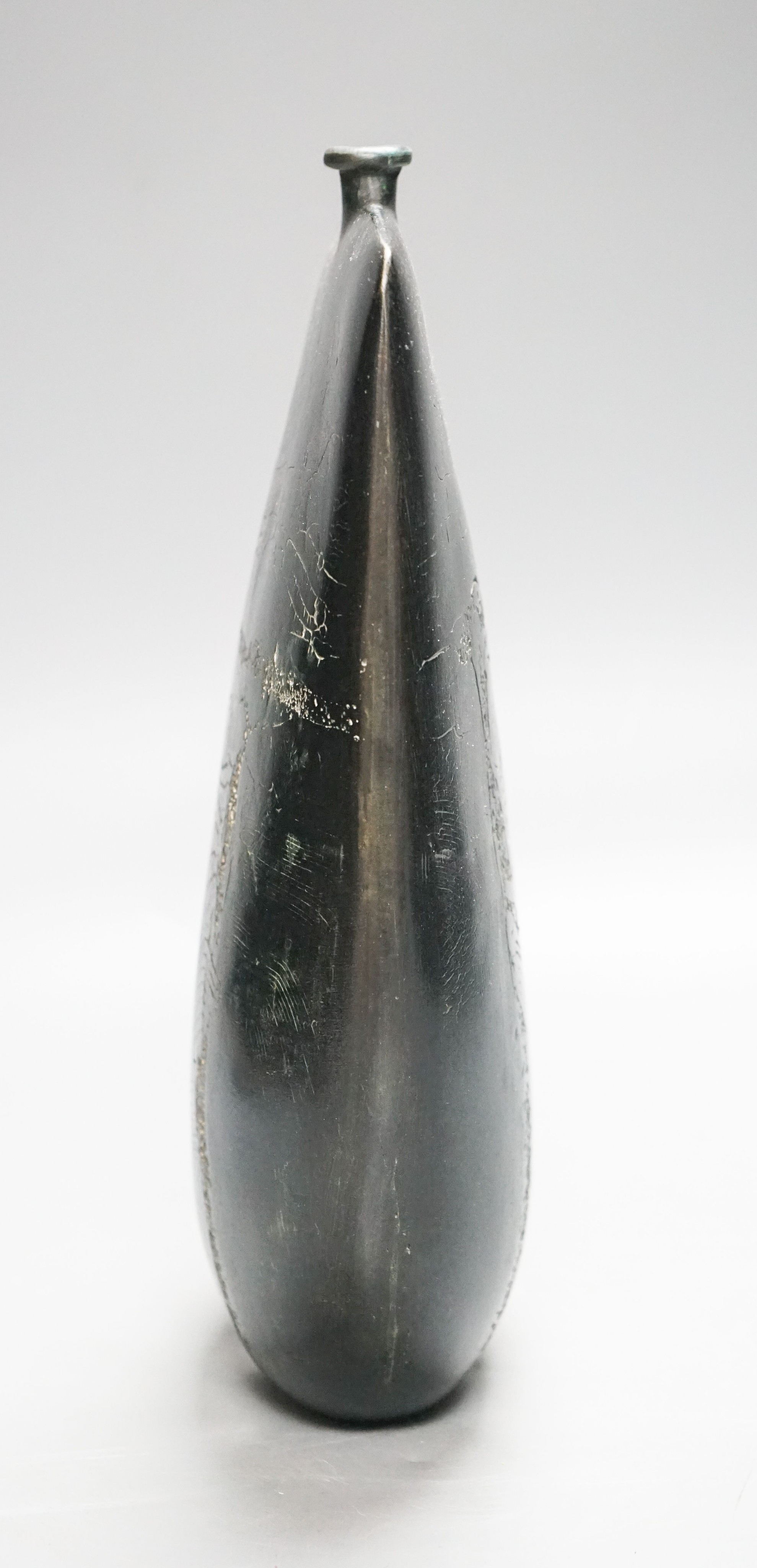 Peter Hayes (b.1946), a black raku glaze Bow form bottle, 29cm